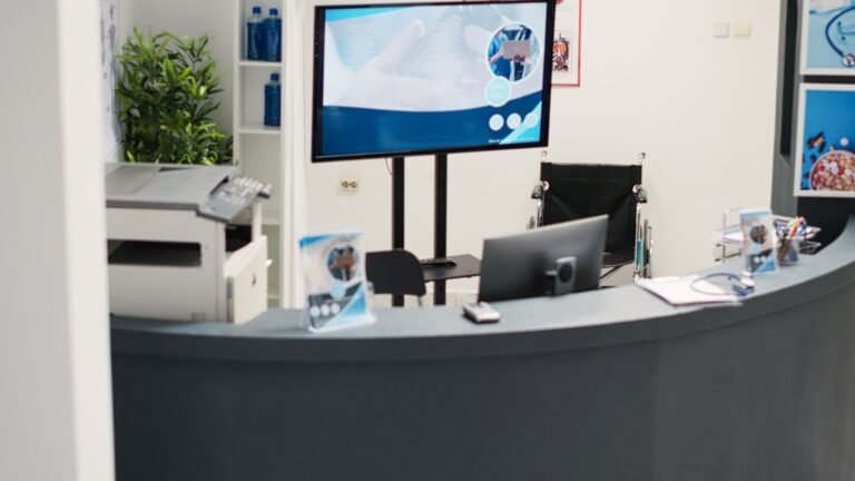 Reception desk in a medical facility waiting area
