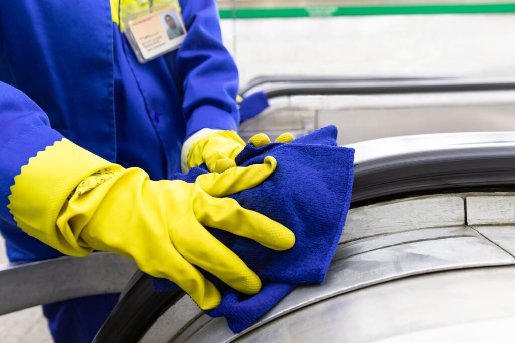 Subway staff clean escalator handrails