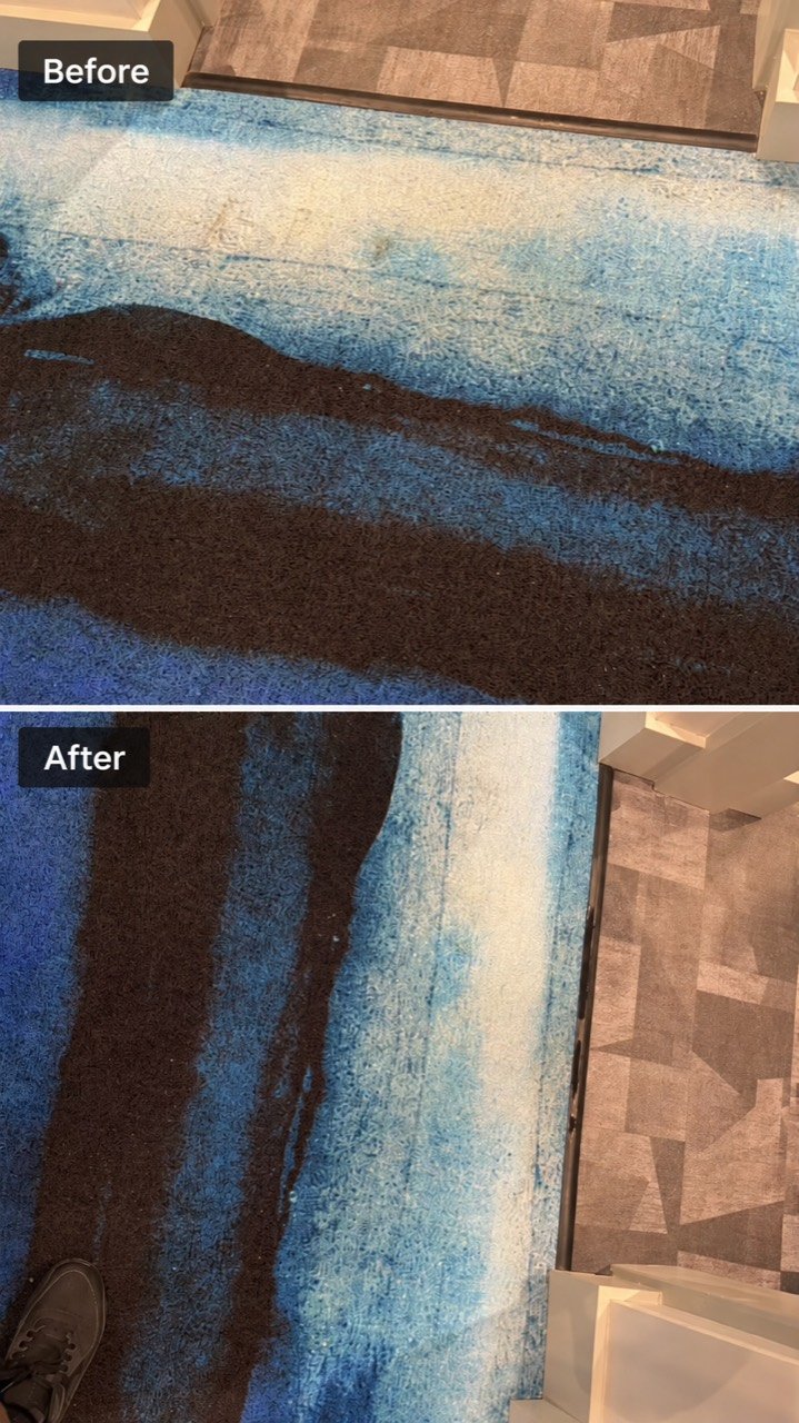 Before-and-after comparison of patterned blue carpet near a doorway, with Before above and After below