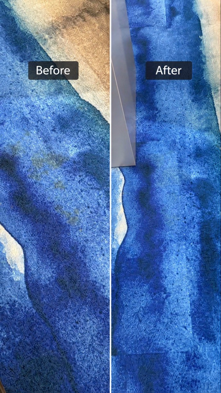 Side-by-side before-and-after comparison of blue patterned carpet, with visible marks on the left and the cleaned area on the right